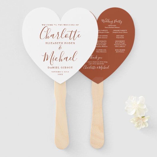 Chic Terracotta Script Wedding Program Heart Fächer (Vorne und Hinten)