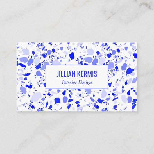 Chic terrazzo elegante Blue White CUSTOM QR Code Visitenkarte (Vorderseite)