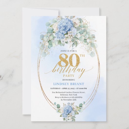 Chic Timeless Blue Hydrangea Floral 80th Birthday Einladung (Vorderseite)