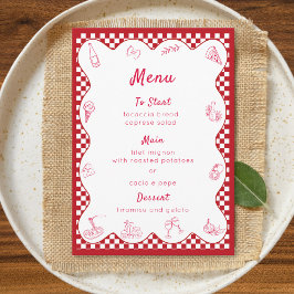 Chic Timeless Italian Themed Red Checkered Wedding Menükarte
