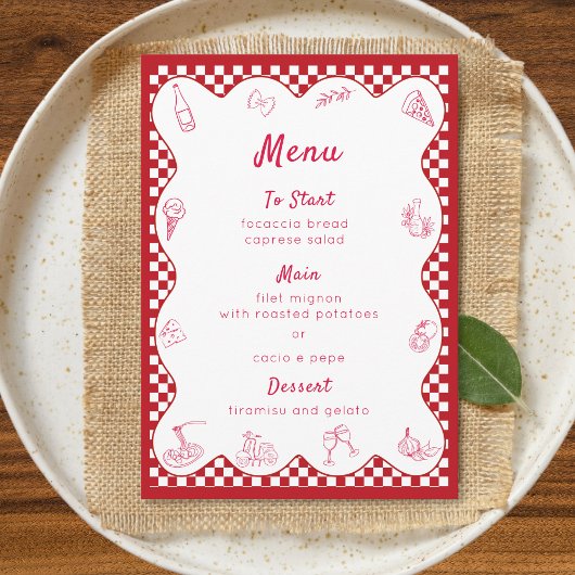 Chic Timeless Italian Themed Red Checkered Wedding Menükarte