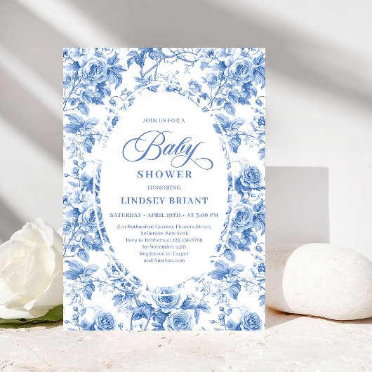 Chic Timeless Royal Blue Toile de Jouy Baby Shower Einladung
