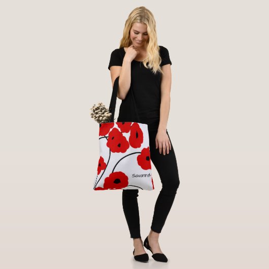 CHIC TOTE_MOD ROTE U. SCHWARZE MOHNBLUMEN TASCHE (Am Model)