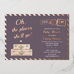 Chic Travel Rose Gold Places She'll Go Baby Shower Folieneinladung