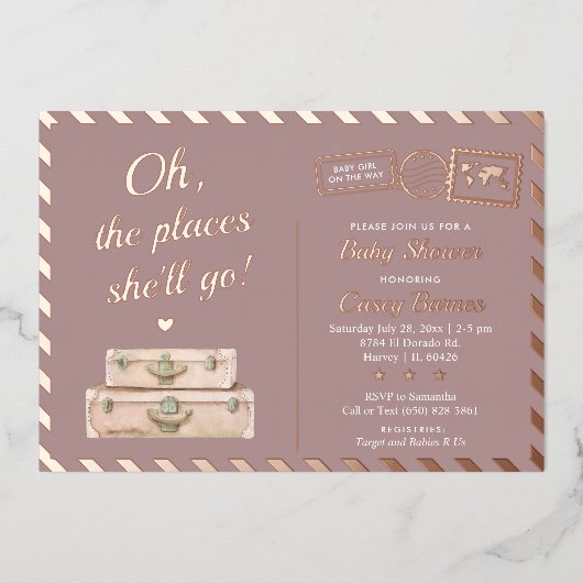 Chic Travel Rose Gold Plätze Sie wird Baby Shower Folieneinladung (Vorderseite)