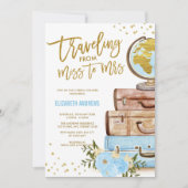 Chic Travelling Miss an Mrs Blue Gold Brautparty Einladung (Vorderseite)