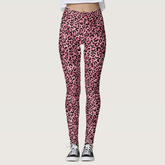 Chic Trendy Black Pink Leopard Print Leggings (Vorderseite)