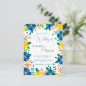 Chic Trendy Blue Yellow Floral Wedding Einladung Postkarte (Stehend Vorderseite)