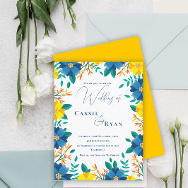 Chic Trendy Blue Yellow Floral Wedding Einladung Postkarte