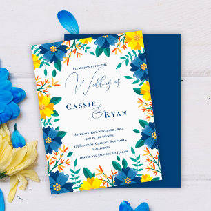 Chic Trendy Blue Yellow Floral Wedding Einladung Postkarte