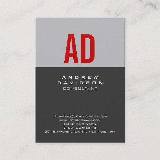 Chic Trendy Gray Strip Red Monogram Business Card Visitenkarte (Vorderseite)