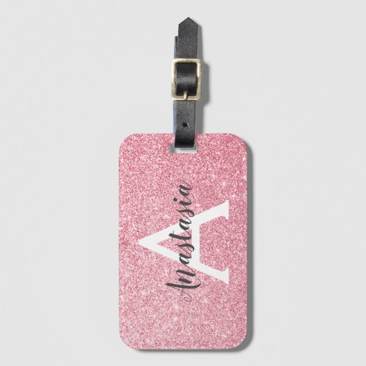 Chic & Trendy Rose Gold Glitzer Glitzern Monogram Gepäckanhänger (Vorderseite Vertikal)