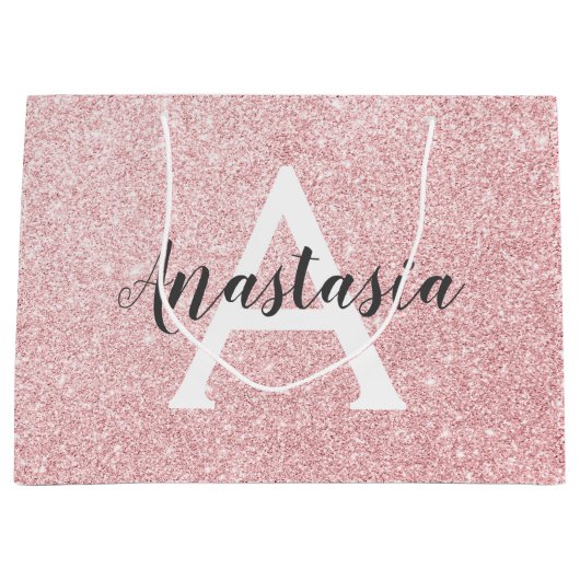 Chic & Trendy Rose Gold Glitzer Glitzern Monogram Große Geschenktüte (Vorderseite)