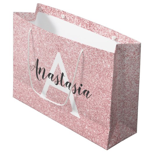 Chic & Trendy Rose Gold Glitzer Glitzern Monogram Große Geschenktüte (Vorderseite Schrägansicht)