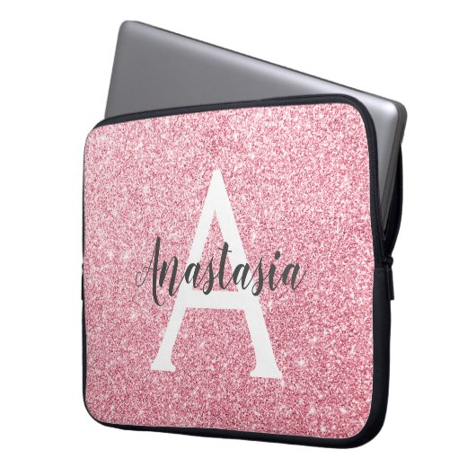 Chic & Trendy Rose Gold Glitzer Glitzern Monogram Laptopschutzhülle (Vorderseite Links)