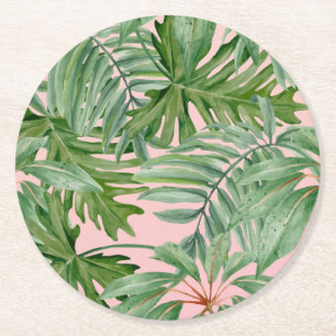 Chic Trendy Tropical Floral Pink Palm Leaf Muster Runder Pappuntersetzer