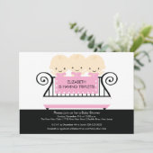 Chic TRIPLETS in Crib Baby Dusche Einladung PInk (Stehend Vorderseite)