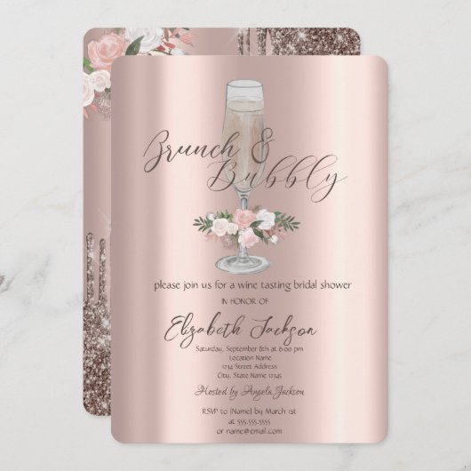 Chic Tropfen, Glas, Rose Brunch & Bubbly Einladung (Vorne/Hinten)