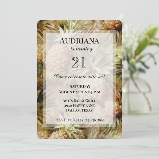 Chic Tropical Ananas Geburtstag Einladung (Stehend Vorderseite)