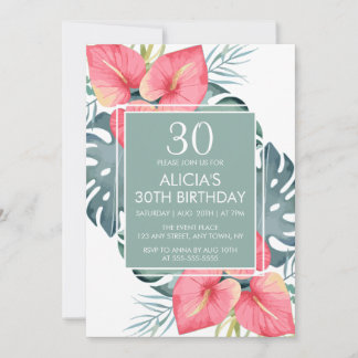 Chic Tropical Anthurium & Monstera Geburtstag Einladung