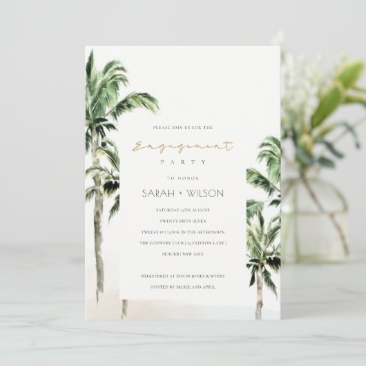 Chic Tropical Beach Palm Trees Verlobung laden ein Dankeskarte (Stehend Vorderseite)