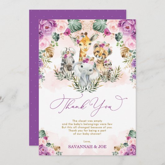 Chic Tropical Boho Jungle Wild Animals Baby Dusche Dankeskarte (Vorne/Hinten)