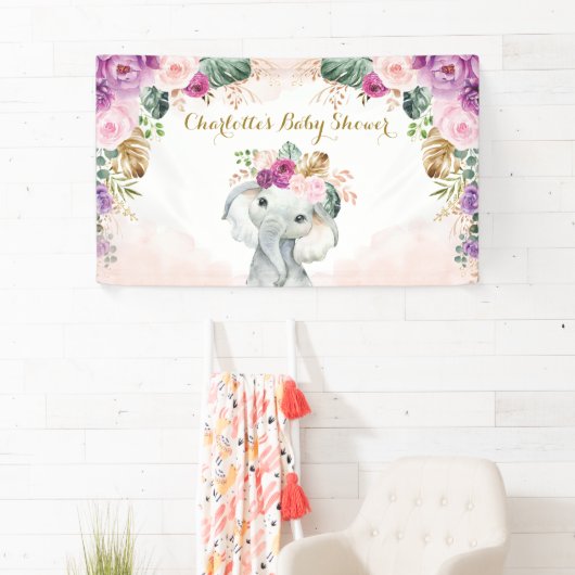 Chic Tropical Elephant Floral Greenery Baby Dusche Banner (Insitu)