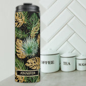 Chic Tropical Green Palm Blätter Gold Glitzer Name Thermosbecher