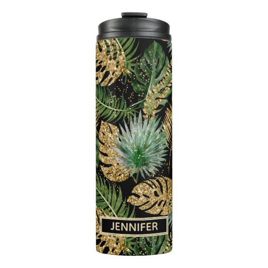 Chic Tropical Green Palm Blätter Gold Glitzer Name Thermosbecher (Vorderseite)