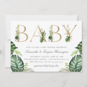 Chic Tropical Greenerenery Gold Typografie Babydus Einladung (Vorderseite)