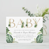 Chic Tropical Greenerenery Gold Typografie Babydus Einladung (Stehend Vorderseite)