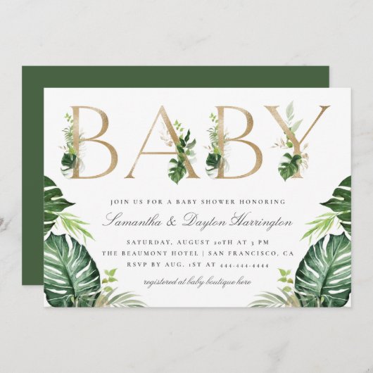 Chic Tropical Greenerenery Gold Typografie Babydus Einladung (Vorne/Hinten)