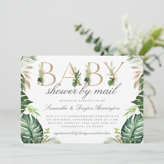 Chic Tropical Greenery Gold Baby Dusche per Mail Einladung (Stehend Vorderseite)