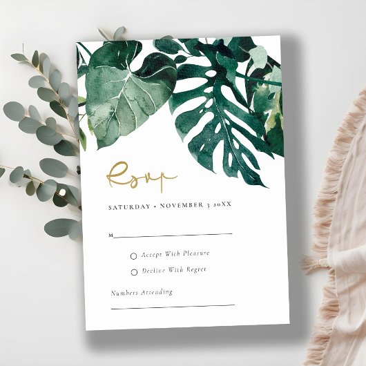 Chic Tropical Monstera Foliage Green Wedding Rsvp Begleitkarte
