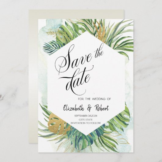 Chic Tropical Palm Blätter Sommer Save the Date (Vorne/Hinten)