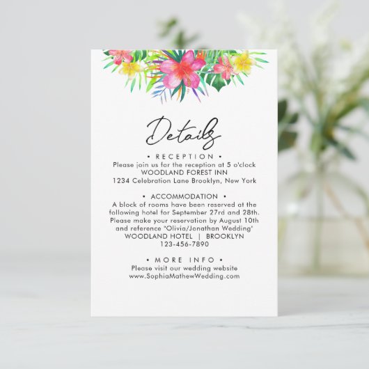 Chic Tropical Paradise Watercolor Hochzeitsdetails Begleitkarte (Stehend Vorderseite)