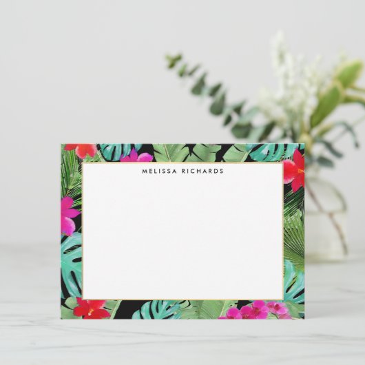 Chic Tropical Print Black Flat Note Card (Stehend Vorderseite)