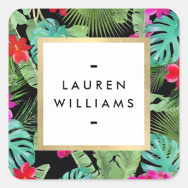 Chic Tropical Print Watercolor Designer Black Quadratischer Aufkleber