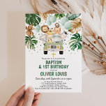 Chic Tropical Safari Jungle Taufe 1. Geburtstag Einladung<br><div class="desc">Safari zum 1. Geburtstag / Taufe Einladung mit tropischem Grün und goldenem Aquarell und einer Gruppe niedlicher Dschungeltiere</div>