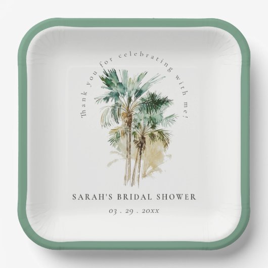 Chic Tropical Watercolor Palm Trees Brautparty Pappteller (Vorderseite)