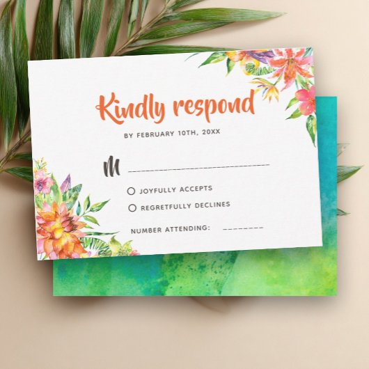 Chic Tropical Watercolor Summer Wedding RSVP Karte