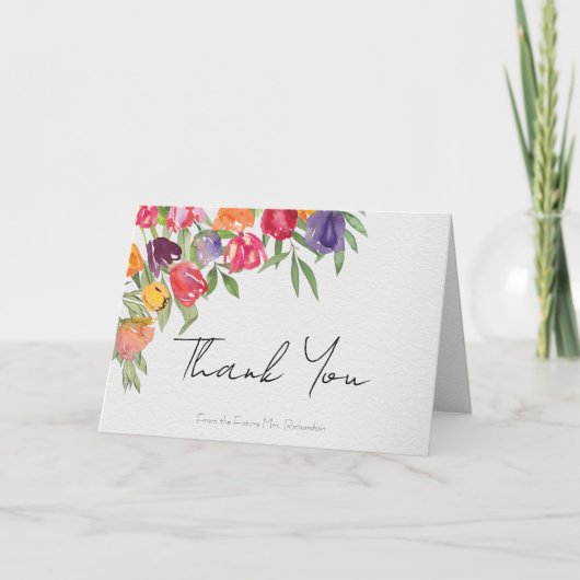 Chic Tulips and Greenery Brautparty Vielen Dank Dankeskarte (Vorderseite)