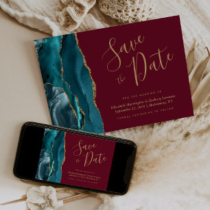 Chic Türkis Blau Gold Achat Burgund Save the Date Einladung