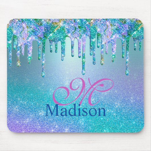 Chic türkis lila ombre Glitzer Tropfen monogramm Mousepad (Vorne)