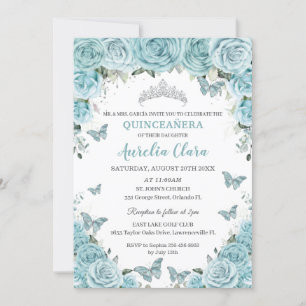 Chic Türkise Blue Floral Butterfliegen Quinceañera Einladung