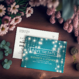 Chic Türkise String Lights Wedding Save the Date Ankündigungspostkarte