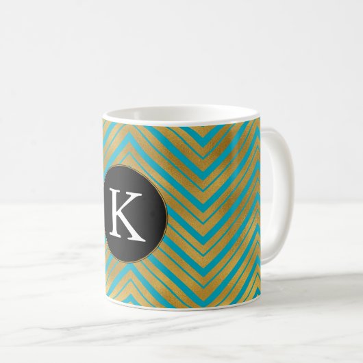 Chic Turquoise Aqua Blue Gold Zickzack Monogram Kaffeetasse (VorderseiteRechts)