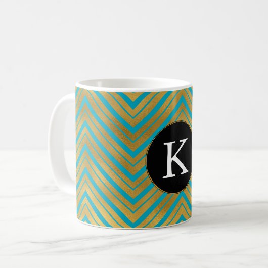 Chic Turquoise Aqua Blue Gold Zickzack Monogram Kaffeetasse (Vorderseite Links)