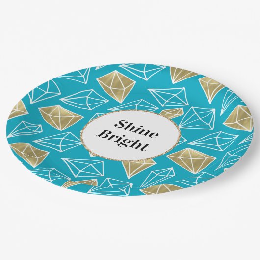 Chic Turquoise Aqua Gold Diamonds Glitzer Geburtst Pappteller (Schrägansicht)