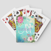 Chic Turquoise Blue Floral Watercolor Monogram Spielkarten (Rückseite)